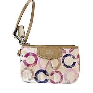 Y2K Coach Op Art Signature Zipper Wristlet Beige Purple Pink Pouch Wallet